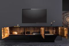 Hängendes TV-Lowboard GOLDEN SUNSET 160cm Mangoholz schwarz mit 3D Schnitzereien gold handmade