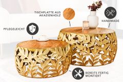 Rundes 2er Set Couchtische ABSTRACT LEAF 70cm natur gold Massivholz Akazie Metall Blatt-Design