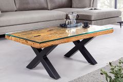 Massiver Couchtisch BARRACUDA 110cm antik natur Teakholz X-Gestell Glasplatte