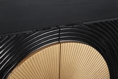 Massives Sideboard AURUM 180cm schwarz Mangoholz mit ikonischem Gold-Element