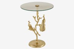 Runder Beistelltisch WILDLIFE PEACOCK 60cm gold Glasplatte Metall Pfauen-Skulptur