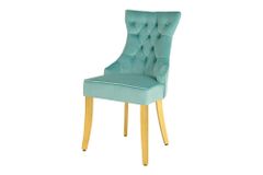 Chesterfield Stuhl CASTLE blau Samt goldene Edelstahlbeine mit Komfortgriff