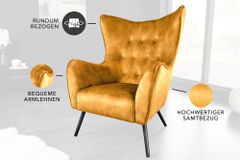 Design XL Sessel AMSTERDAM senfgelb Samt schwarze Metallbeine Retro Stil