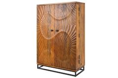 Massiver Barschrank SCORPION 141cm braun Mangoholz aufwendige 3D Schnitzereien