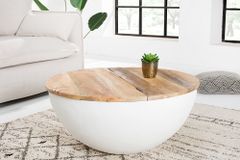 Runder Couchtisch INDUSTRIAL STORAGE 70cm weiß natur Massivholz mit Stauraum handmade