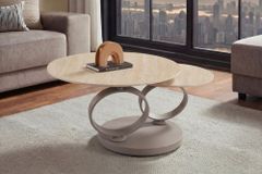 Design Couchtisch DANCING RINGS natur rund drehbar Travertin Keramik champagner greige