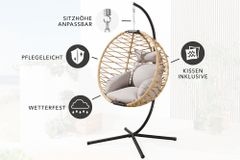 In- und Outdoor Hängesessel IBIZA natur beige Rattan mit Gestell wetterfest inkl. Kissen