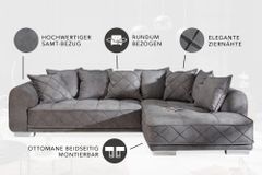 Modernes XXL Ecksofa DECADENCIA 320cm silbergrau Samt Bigsofa inkl. Kissen