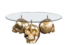 Design Couchtisch SKULL XXL 90cm gold rund Glasplatte Metall Totenkopf handmade