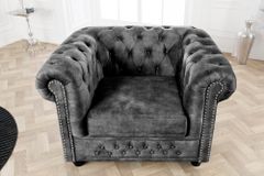 Barocker Sessel CHESTERFIELD grau Samt Federkern mit Knopfheftung