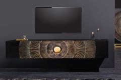 Hängendes TV-Lowboard GOLDEN SUNSET 160cm Mangoholz schwarz mit 3D Schnitzereien gold handmade