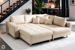 Moderne Wohnlandschaft KENT 220cm champagner beige Vogue Velours Samt Federkern mit Hocker