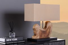 Handgefertigte Tischlampe HYPNOTIC 50cm natur Teakholz beige mit Leinenschirm