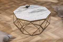 Eleganter Couchtisch DIAMOND 70cm weiß messing mit Marmorplatte
