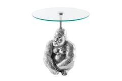 Runder Beistelltisch KONG 50cm silber Metall Glas Affenfigur Gorilla Skulptur