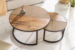 2er Set Couchtisch VIENNA LOUNGE 70cm rund Mangoholz massiv Wiener Geflecht Metall schwarz
