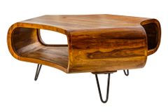 Retro Couchtisch ORGANIC LIVING 90cm braun Sheesham Massivholz stone finish Stauraum