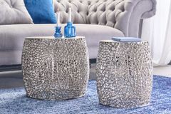 2er Set filigraner Design Couchtisch ABSTRACT LEAF antik silber Handarbeit rund