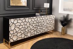 Massivholz Sideboard VULCANO 180cm weiß schwarz Mangoholz mit 3D Schnitzereien handmade Metallgestell gold