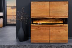 Massivholz Highboard GRAND ACACIA 120cm braun Akazie mit LED-Beleuchtung Baumkante