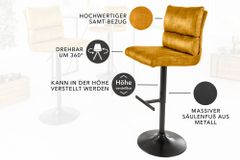 Höhenverstellbarer Barhocker COMFORT senfgelb Samt drehbar mit Lehne Metall schwarz