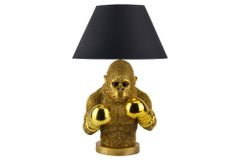 Handgefertigte Tischlampe KING APE 55cm schwarz gold Stoffschirm Affen-Skulptur