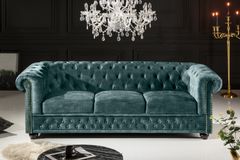 Chesterfield 3-Sitzer Sofa 205cm petrol Samt Federkern Goldnieten Knopfheftung