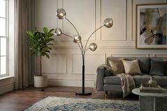 Design Stehlampe LIQUID DIAMOND 200cm schwarz smoke grau fünf Glasschirme mit Marmorfuß