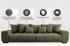 Modernes XXL Sofa ELEGANCIA 285cm grün Cord Federkern inklusive Kissen Bigsofa
