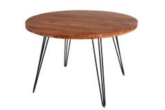 Runder Esstisch SCORPION 120cm Akazie natur Massivholz Hairpin Legs Retro Design
