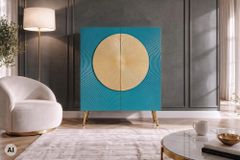 Massives Highboard AURUM 120cm türkis Mangoholz mit ikonischem Gold-Element