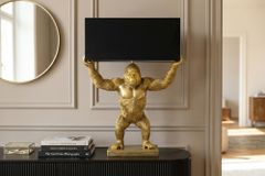 Handgefertigte Tischlampe KING APE 70cm schwarz gold Stoffschirm Affen-Skulptur