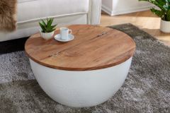 Runder Couchtisch ORIENT STORAGE 60cm weiß Akazienholz mit Stauraum Hammerschlag handmade