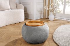 Runder Couchtisch ORBIT 50cm grau Bouclé Hocker mit Tablett und Stauraum
