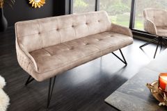 Design Sitzbank EUPHORIA 160cm champagner greige Samt Hairpin Legs Metallbeine Armlehnen