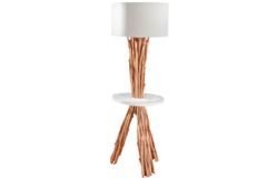Funktionelle Stehlampe SERVANT 153cm Longan-Massivholz mit Tisch und Leinenschirm
