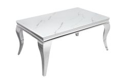 Eleganter Couchtisch MODERN BAROCK 100cm Glasplatte in Marmoroptik Edelstahlbeine