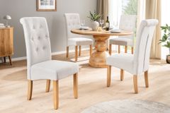 Design Stuhl CASA beige Strukturstoff Massivholzbeine mit Zierknöpfen und Nackenrolle