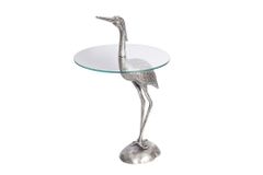 Runder Beistelltisch WILDLIFE HERON 90cm silber Metall Glas Fischreiher Skulptur handmade