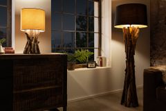 Massivholz Tischlampe HARMONY NATURE 50cm beige Teak mit Leinenschirm