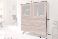 Massives Highboard AMAZONAS 140cm braun Sheeshamholz Vitrine mit Baumkante