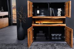 Massivholz Highboard GRAND ACACIA 120cm braun Akazie mit LED-Beleuchtung Baumkante