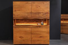 Massives Highboard GRAND 120cm braun Mangoholz mit LED-Beleuchtung