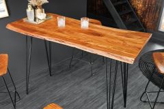 Massivholz Bartisch MAMMUT 140cm natur Akazie Baumkante Metall schwarz Hairpin Legs