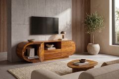 Massives TV-Board ORGANIKO 160cm braun Sheeshamholz stone finish ovales Lowboard