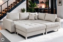 Wohnlandschaft KENT 220cm beige Strukturstoff  Ecksofa Federkern inkl. Hocker
