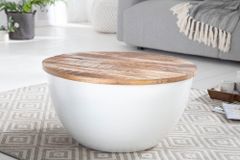 Runder Couchtisch INDUSTRIAL STORAGE 60cm weiß natur Mangoholz mit Stauraum handmade