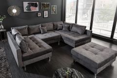 Moderne XXL Wohnlandschaft KENT 305cm grau Samt Bigsofa inkl. Hocker Federkern