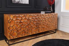 Massivholz Sideboard VULCANO 180cm braun Mangoholz mit 3D Schnitzereien handmade Metallgestell schwarz