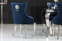 Barock Stuhl CASTLE DELUXE royalblau Samt Löwenkopf Chesterfield Design Esszimmerstuhl Nieten